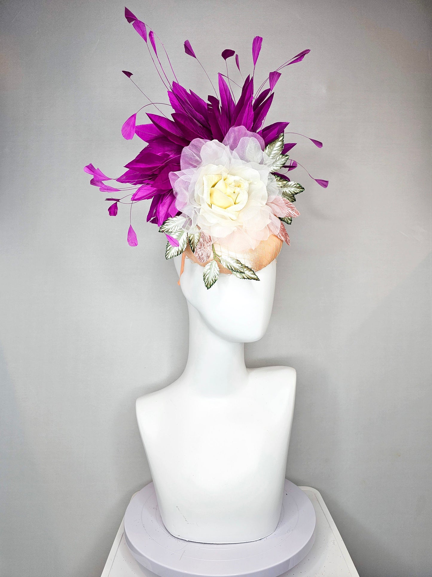 kentucky derby hat fascinator champagne blush pink satin with purple feathers organza ivory rose flower green gray satin and pink  leaves