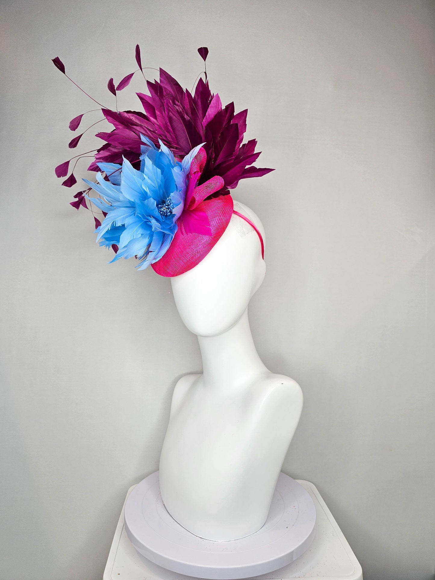 kentucky derby hat fascinator hot pink sinamay with light blue feather flower with purple wine feathers