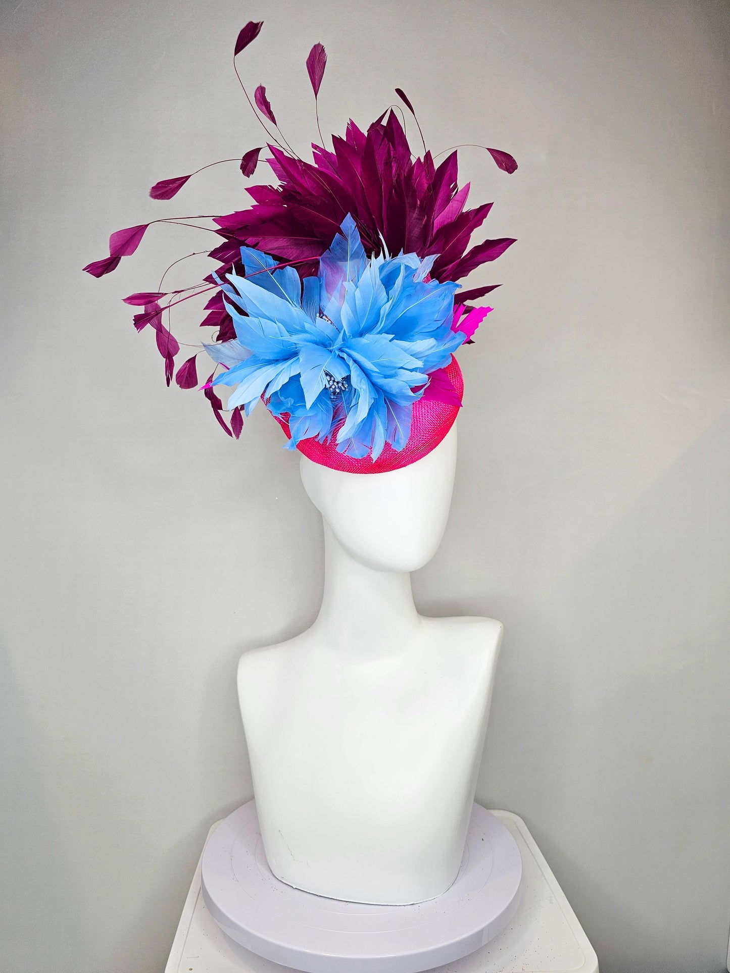 kentucky derby hat fascinator hot pink sinamay with light blue feather flower with purple wine feathers