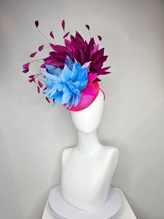 kentucky derby hat fascinator hot pink sinamay with light blue feather flower with purple wine feathers