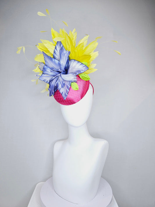 kentucky derby hat fascinator hot pink satin with large blue wired satin flower with yellow feathers