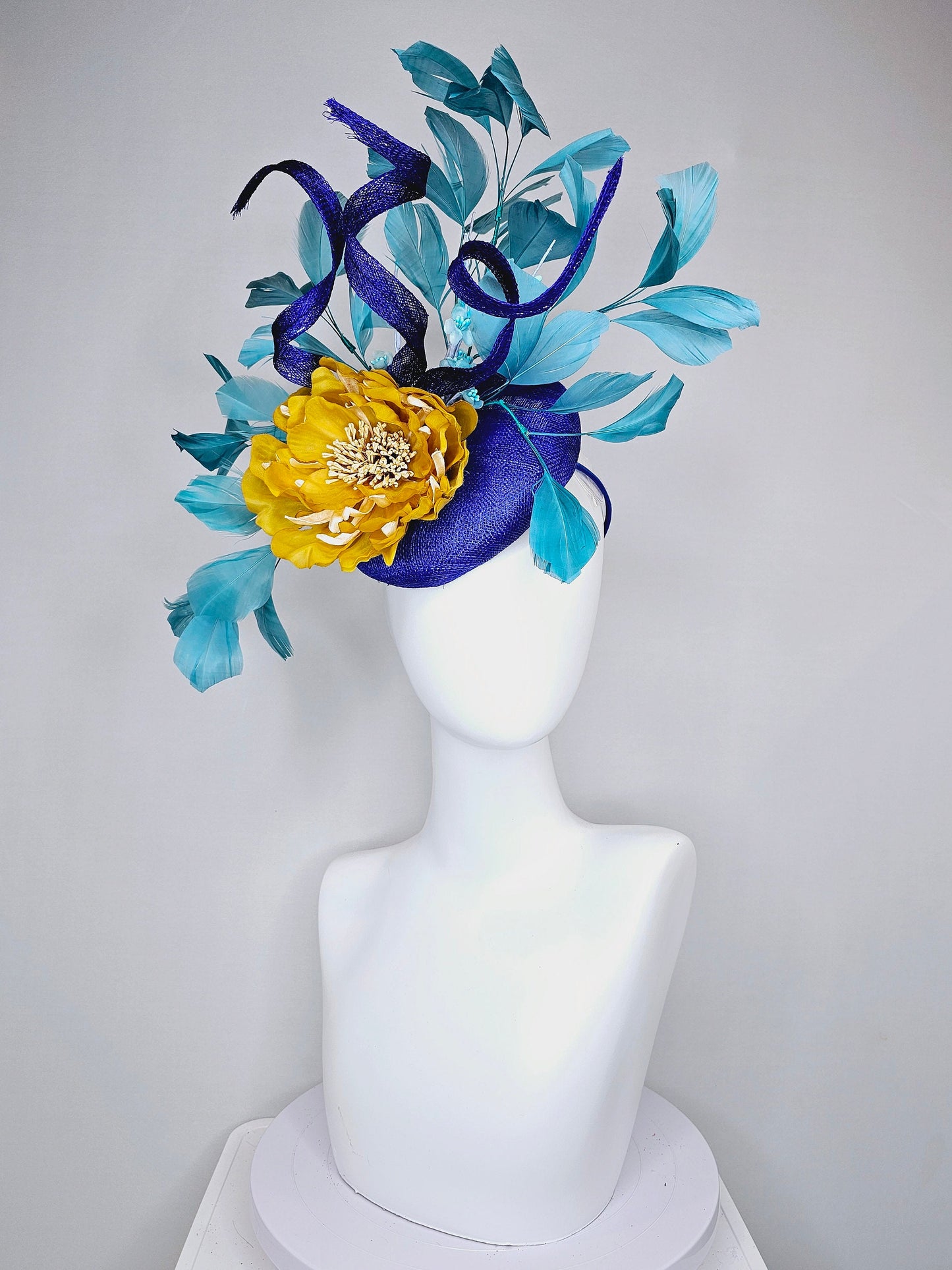 kentucky derby hat fascinator royal blue sinamay with curls mustard yellow large flower with teal peacock blue  feathers