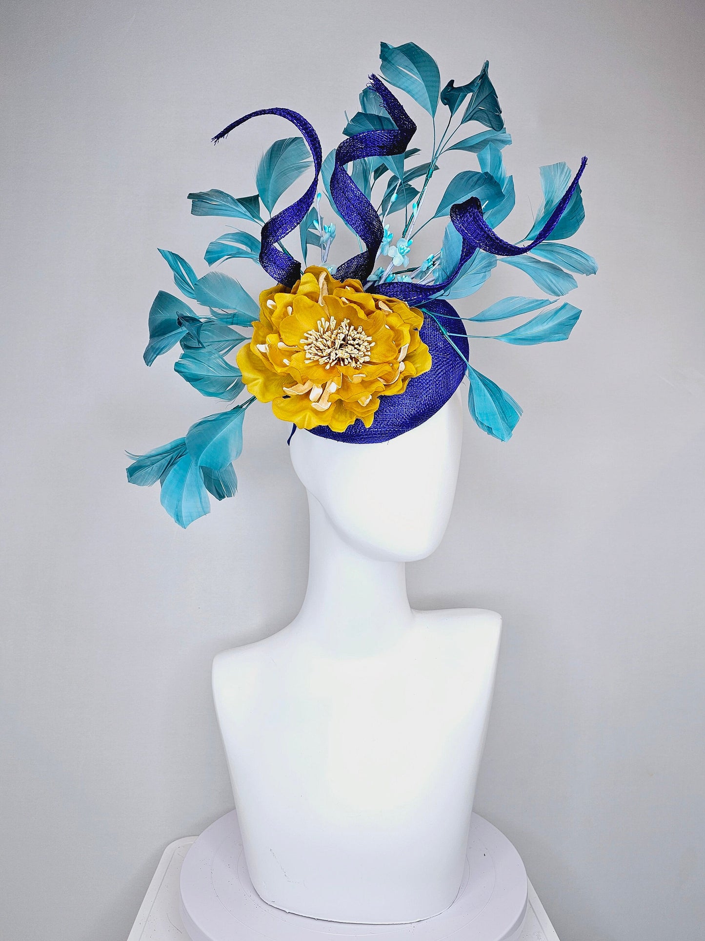 kentucky derby hat fascinator royal blue sinamay with curls mustard yellow large flower with teal peacock blue  feathers