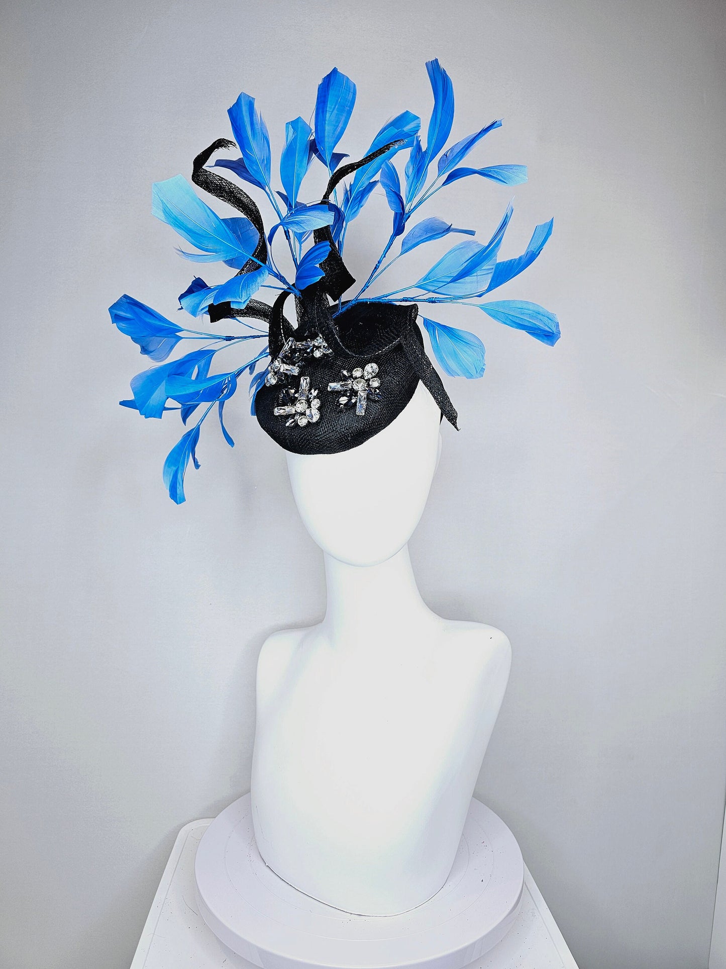 kentucky derby hat fascinator black sinamay with blue black clear taupe crystal jewels  with turquoise blue feathers