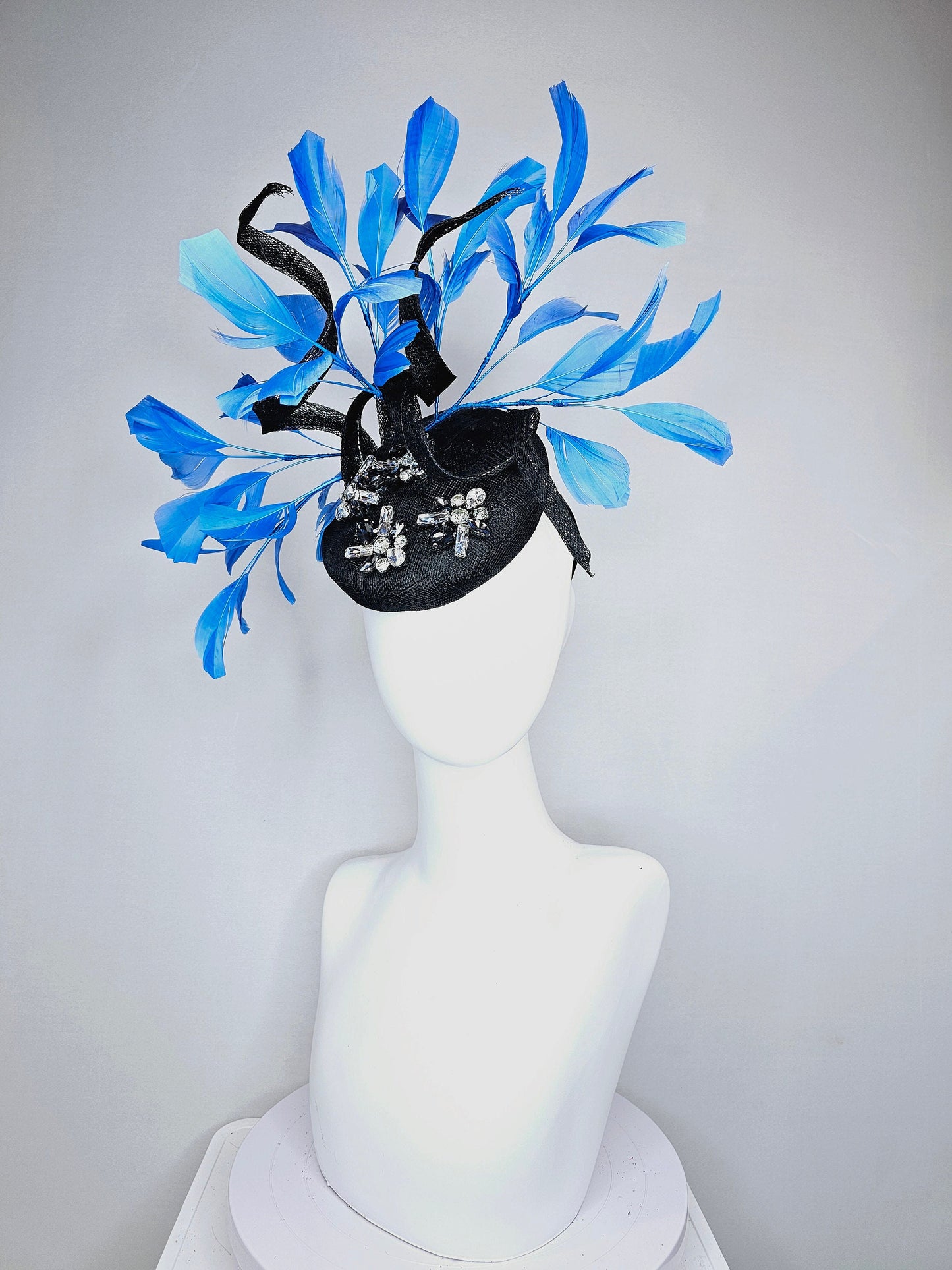 kentucky derby hat fascinator black sinamay with blue black clear taupe crystal jewels  with turquoise blue feathers