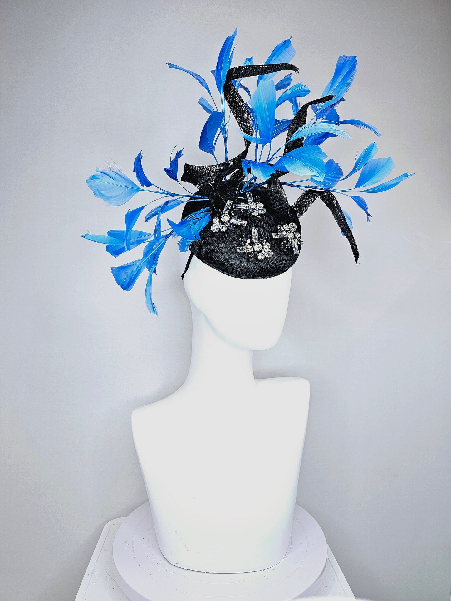 kentucky derby hat fascinator black sinamay with blue black clear taupe crystal jewels  with turquoise blue feathers