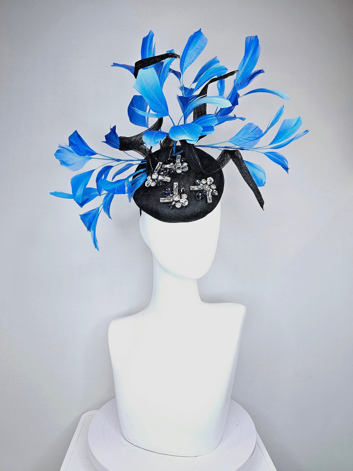 kentucky derby hat fascinator black sinamay with blue black clear taupe crystal jewels  with turquoise blue feathers