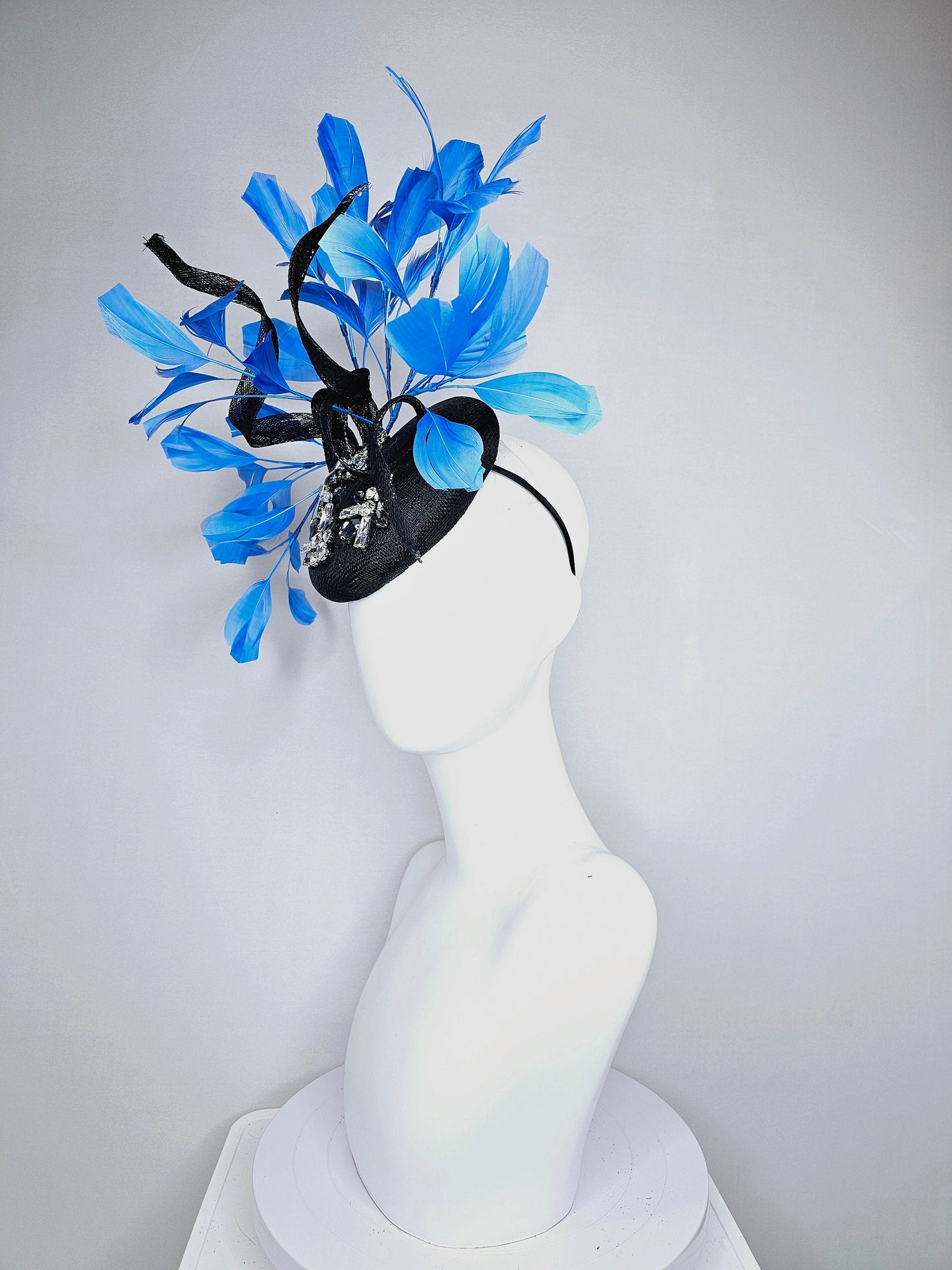 kentucky derby hat fascinator black sinamay with blue black clear taupe crystal jewels  with turquoise blue feathers