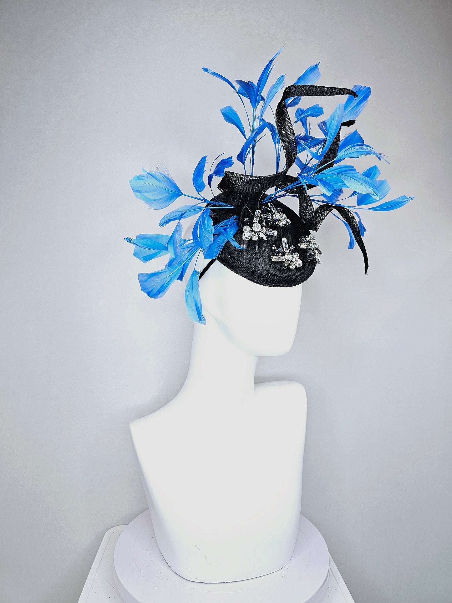 kentucky derby hat fascinator black sinamay with blue black clear taupe crystal jewels  with turquoise blue feathers