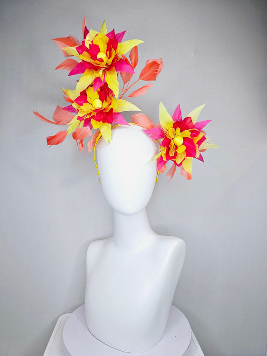 kentucky derby hat fascinator pink and yellow feather flowers with coral feathers on thin headband