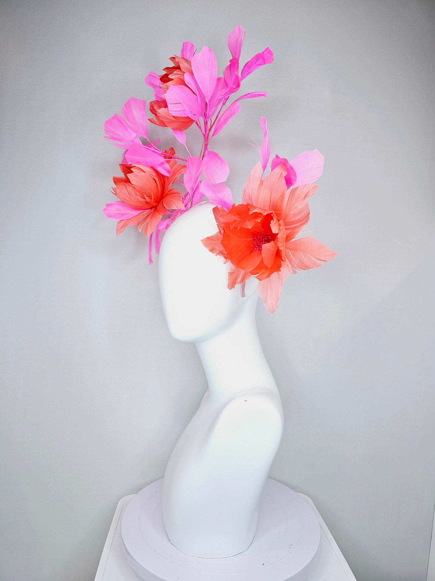 kentucky derby hat fascinator large fluffy coral orange feather flowers with pink feathers