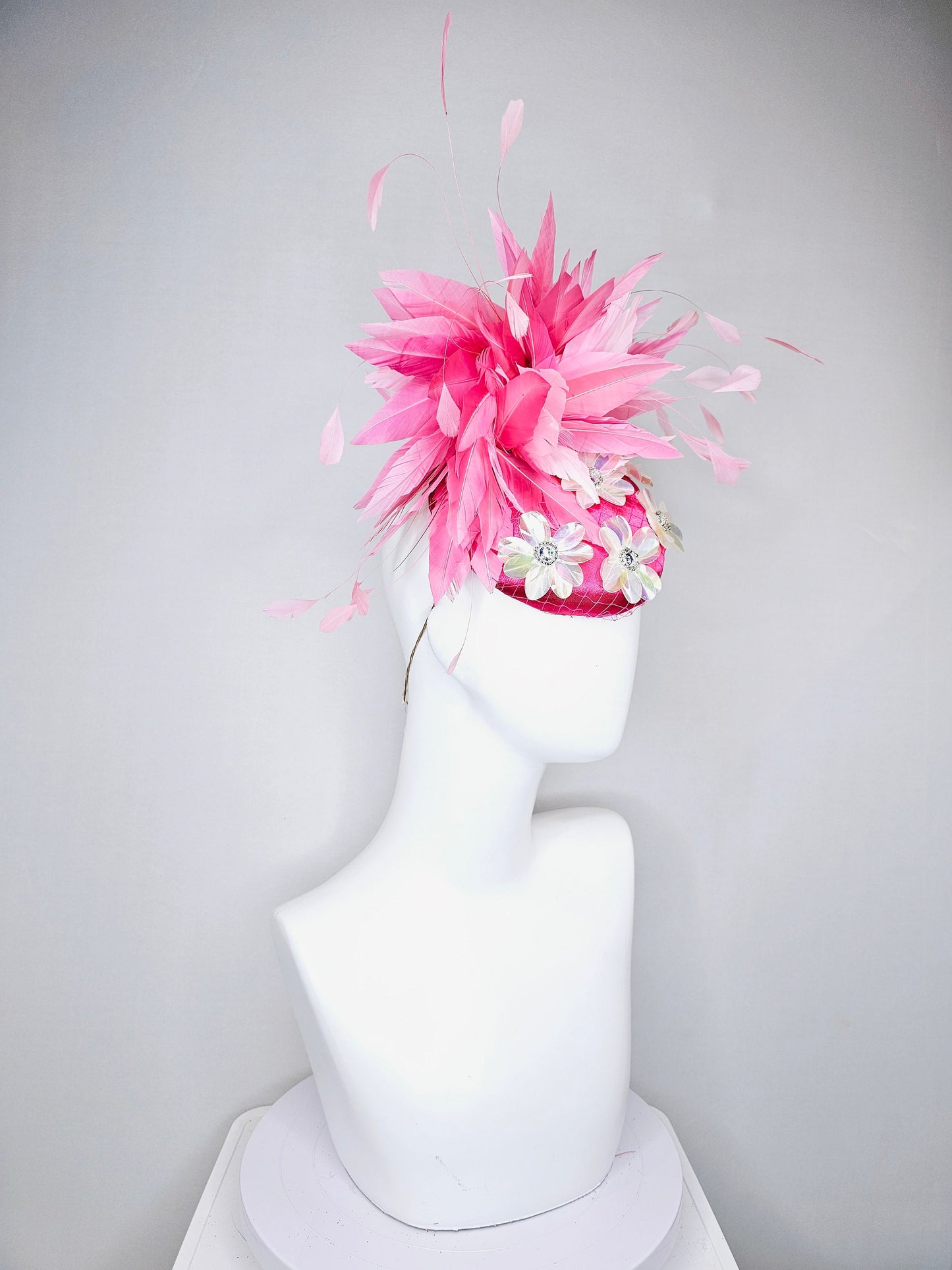 kentucky derby hat fascinator bright fuchsia pink satin with irridescent white sequin flower decor with pink two tone  feathers