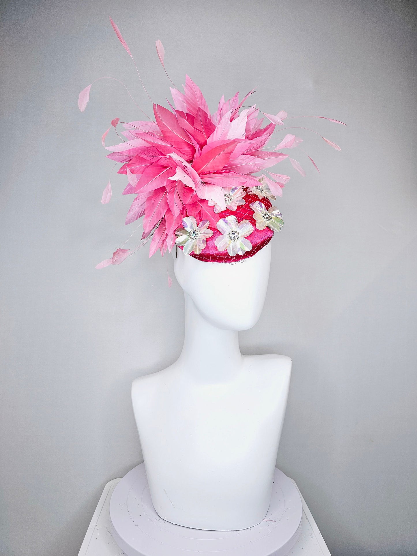 kentucky derby hat fascinator bright fuchsia pink satin with irridescent white sequin flower decor with pink two tone  feathers