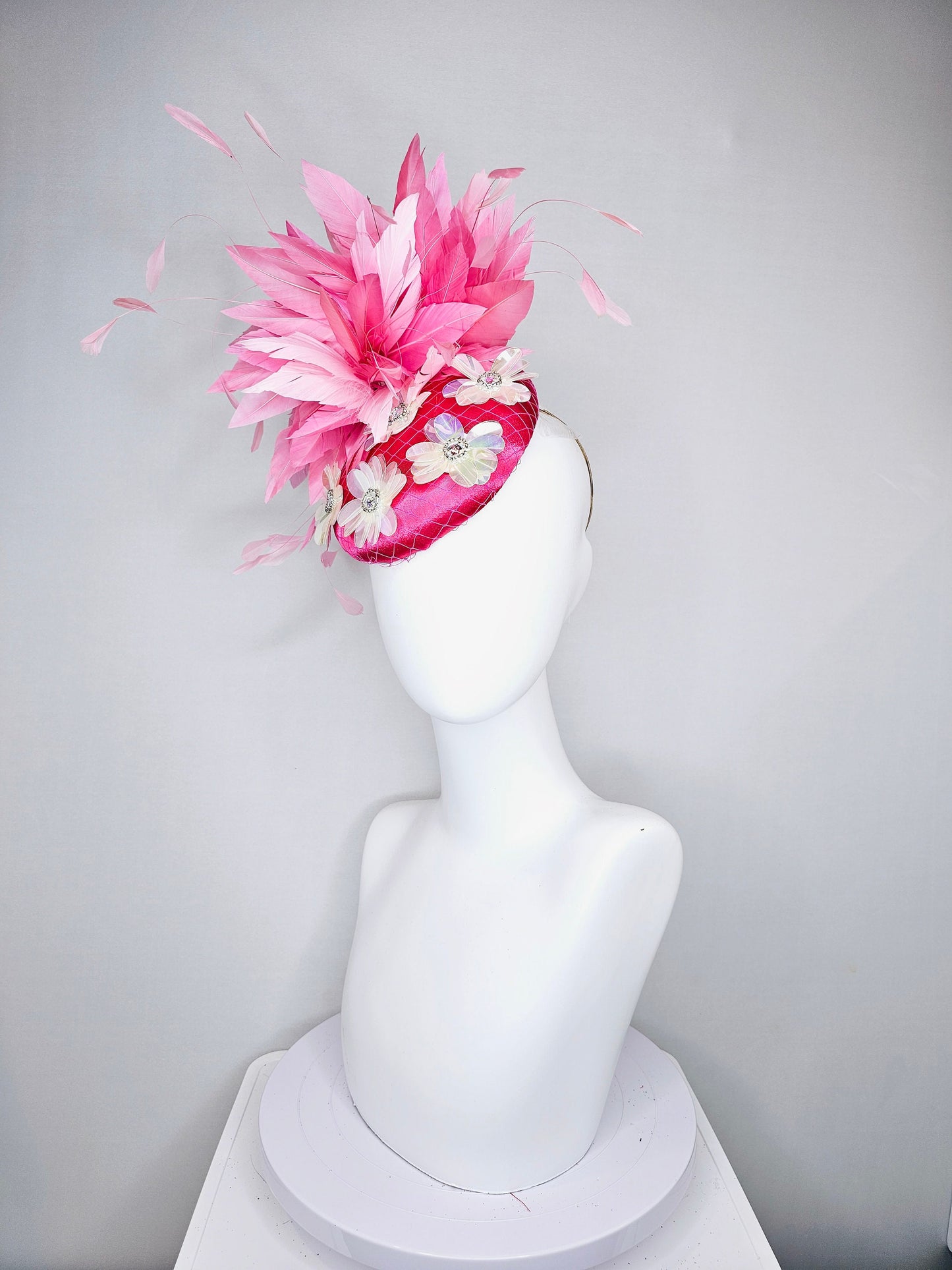 kentucky derby hat fascinator bright fuchsia pink satin with irridescent white sequin flower decor with pink two tone  feathers