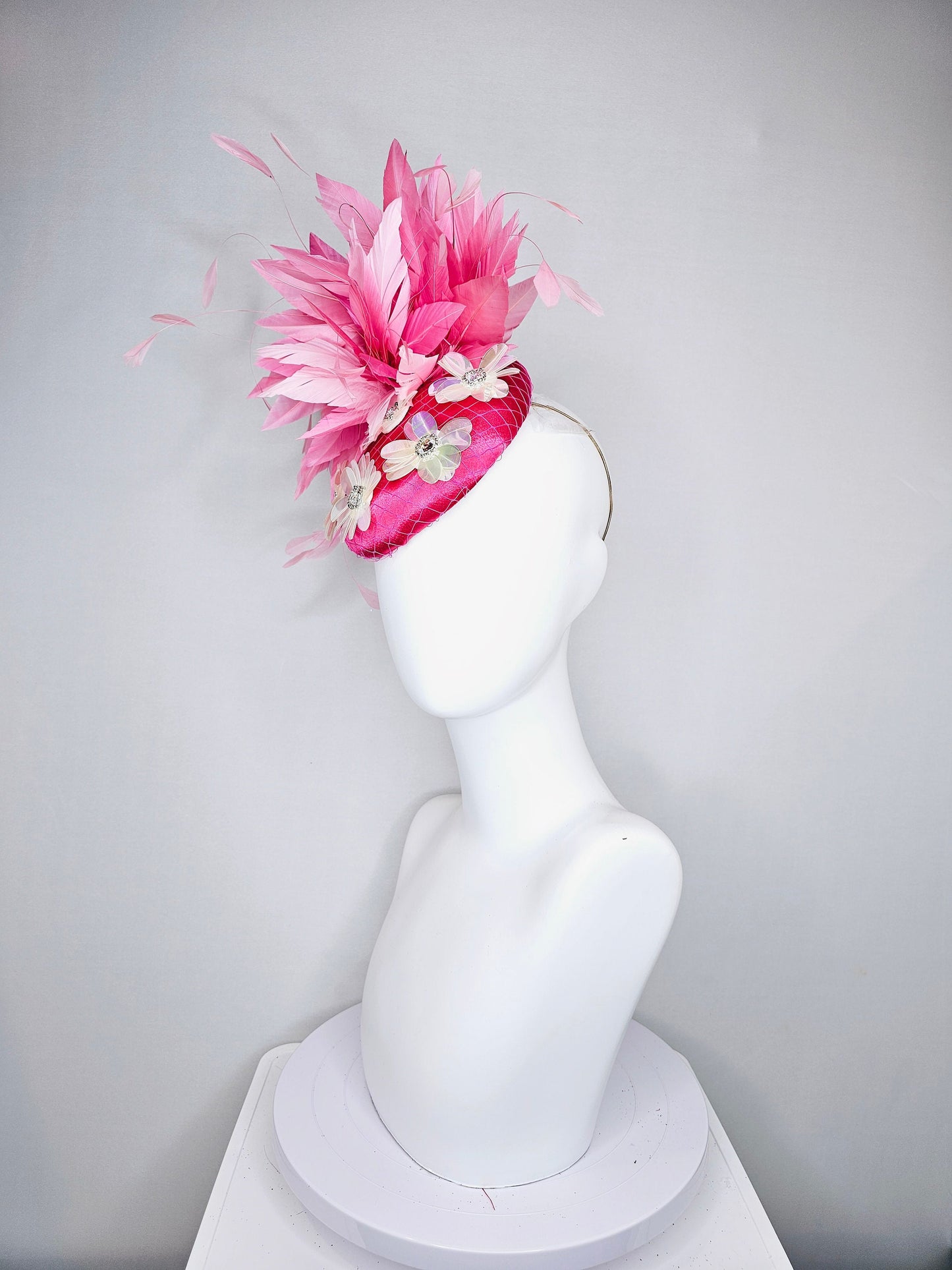 kentucky derby hat fascinator bright fuchsia pink satin with irridescent white sequin flower decor with pink two tone  feathers