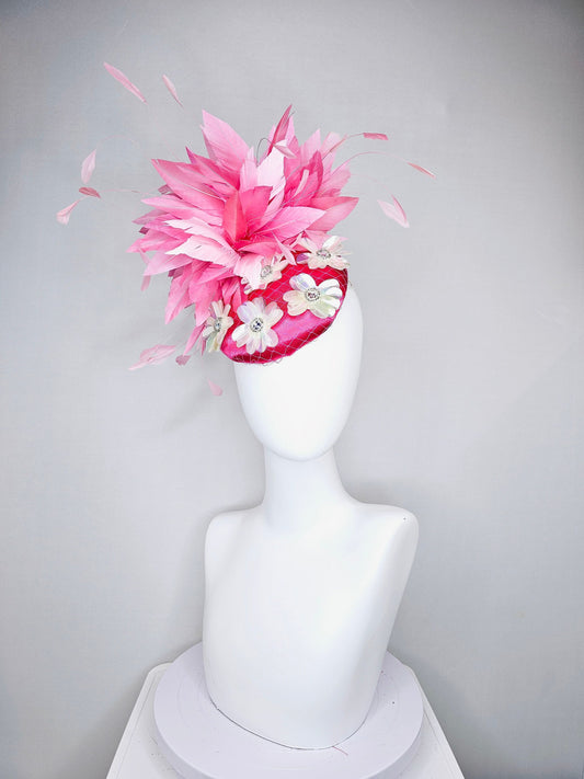 kentucky derby hat fascinator bright fuchsia pink satin with irridescent white sequin flower decor with pink two tone  feathers