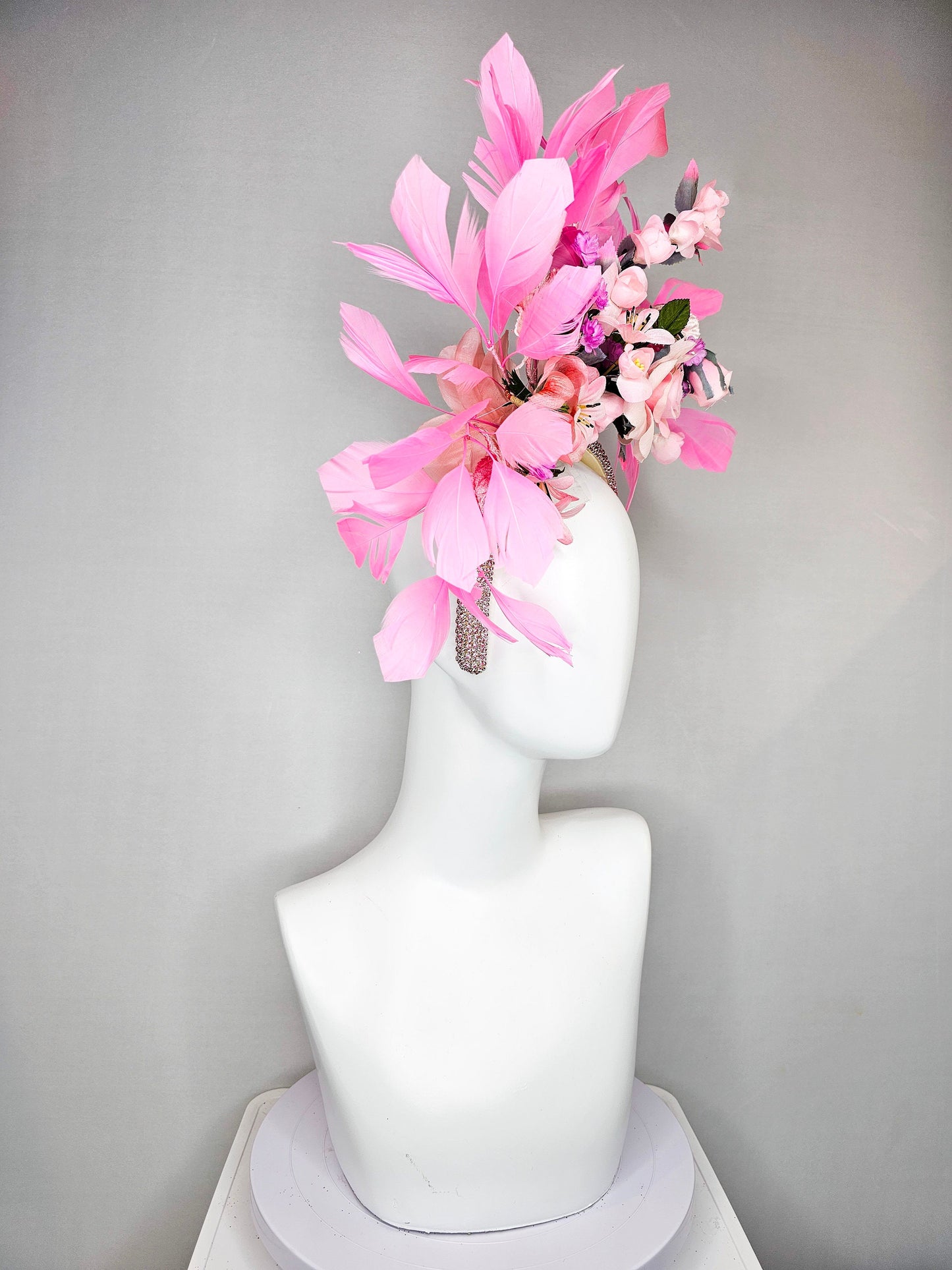 kentucky derby hat fascinator swarovski crystal rhinestone headband with pink silk flowers with pink feathers