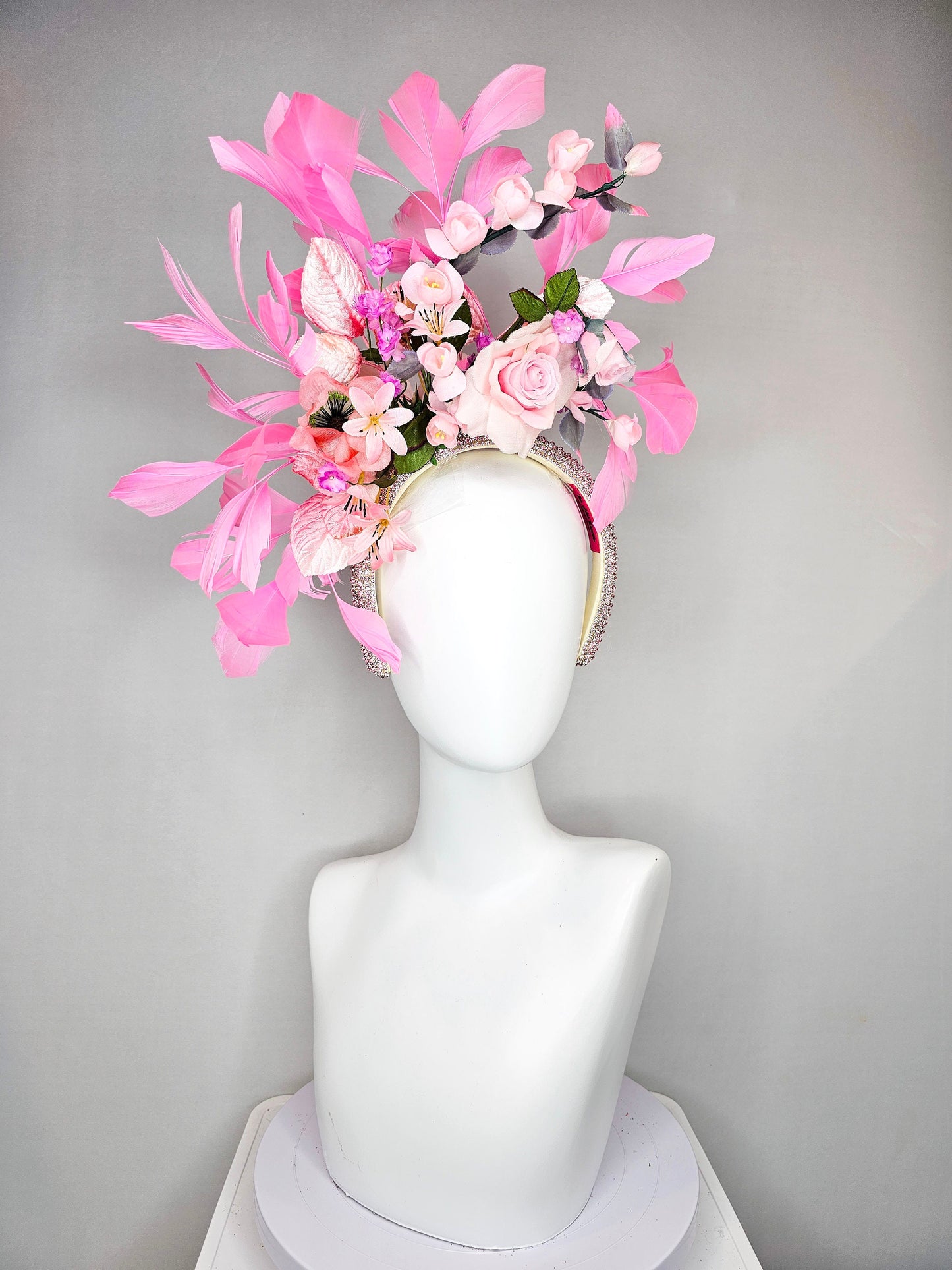 kentucky derby hat fascinator swarovski crystal rhinestone headband with pink silk flowers with pink feathers