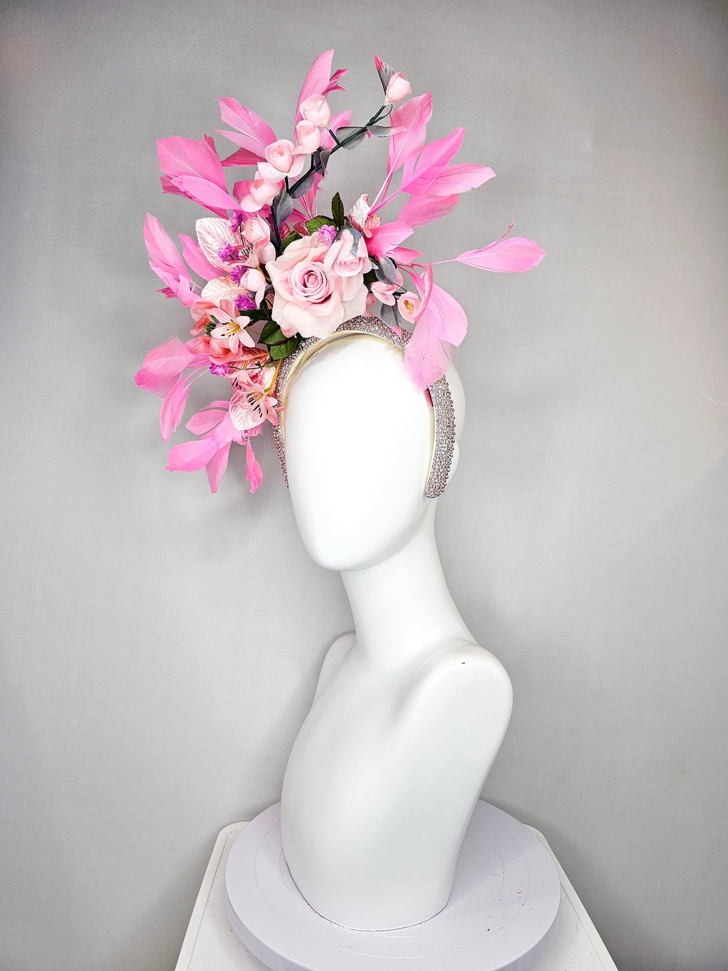 kentucky derby hat fascinator swarovski crystal rhinestone headband with pink silk flowers with pink feathers