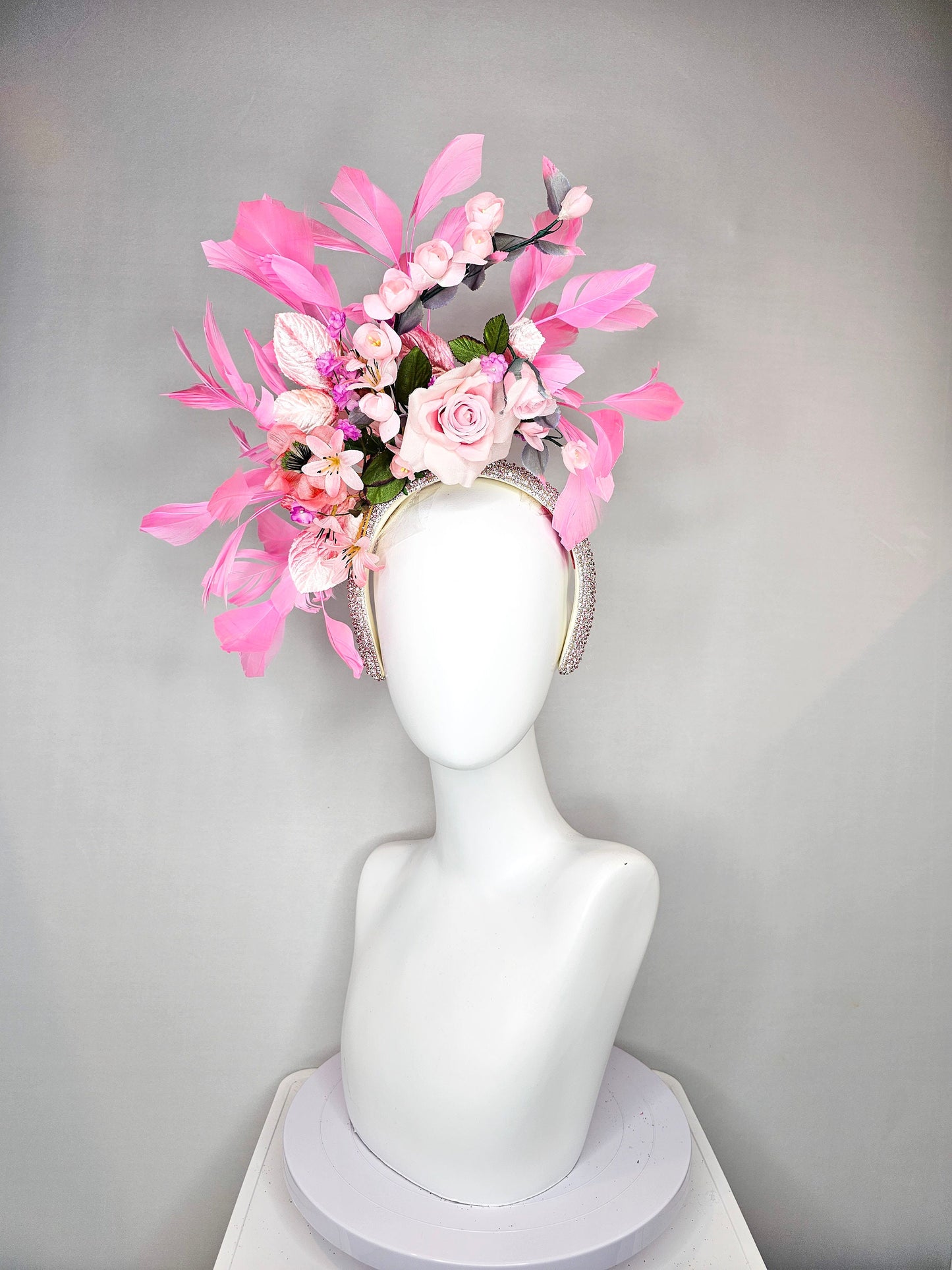 kentucky derby hat fascinator swarovski crystal rhinestone headband with pink silk flowers with pink feathers