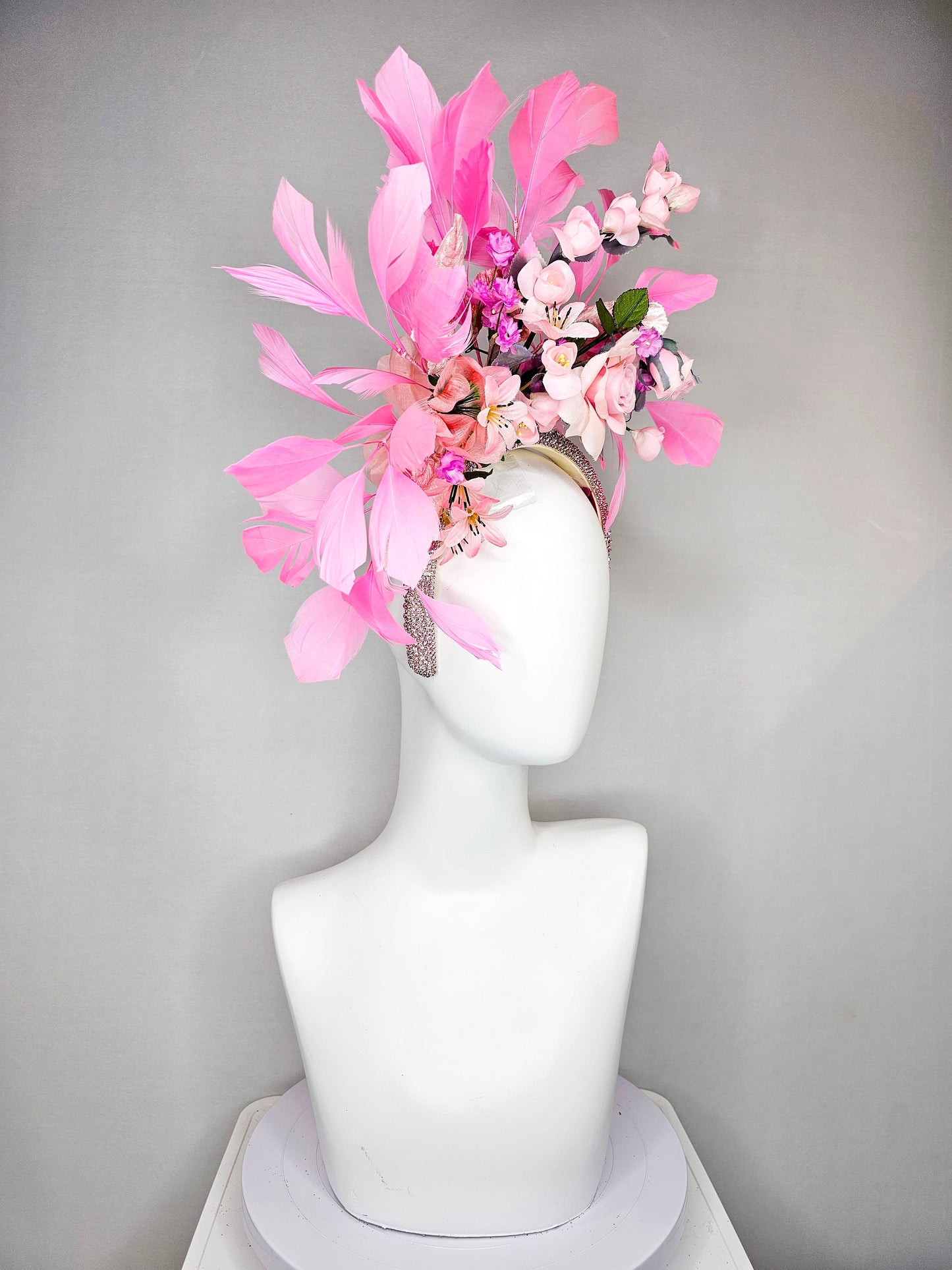 kentucky derby hat fascinator swarovski crystal rhinestone headband with pink silk flowers with pink feathers