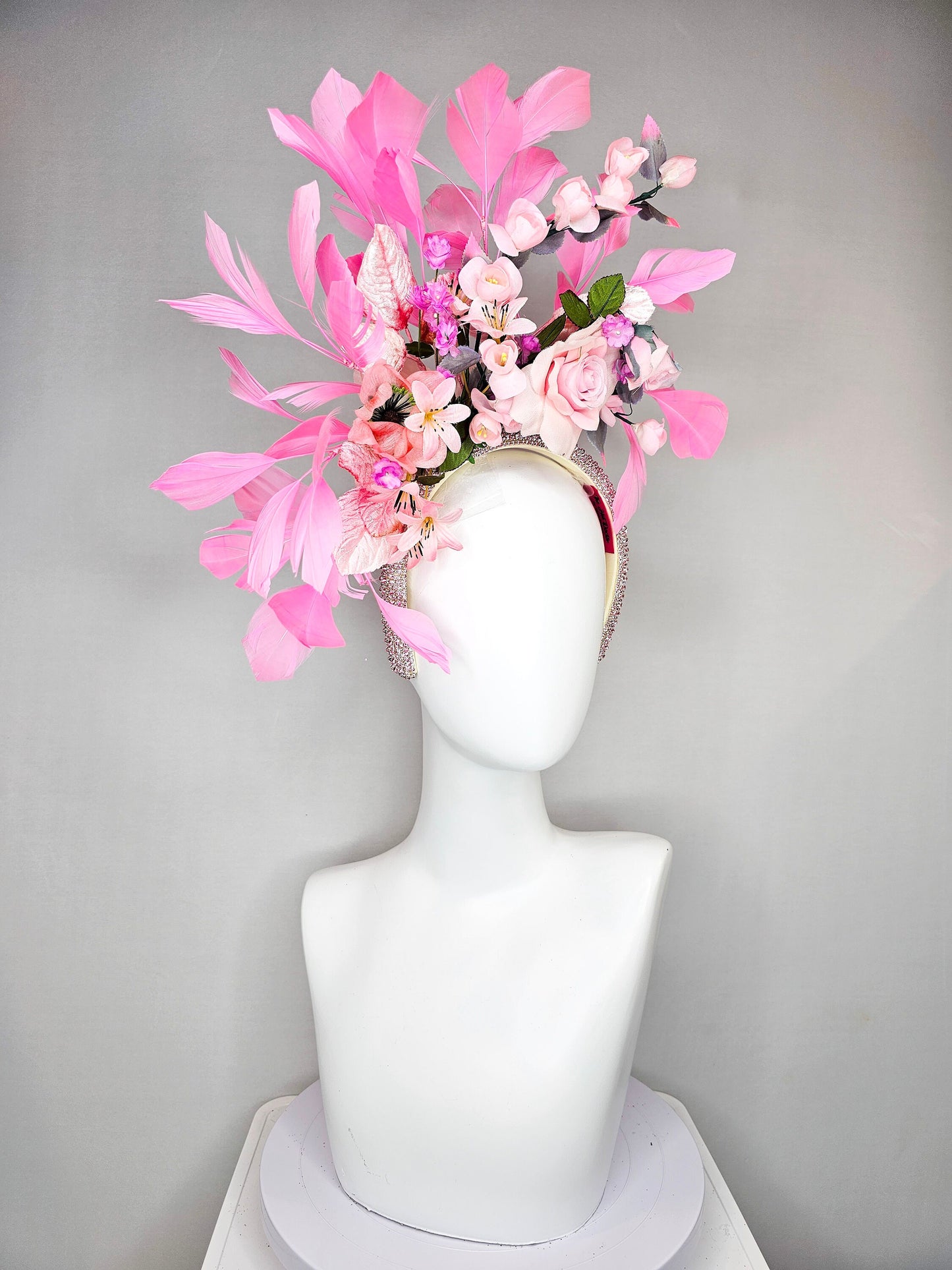 kentucky derby hat fascinator swarovski crystal rhinestone headband with pink silk flowers with pink feathers