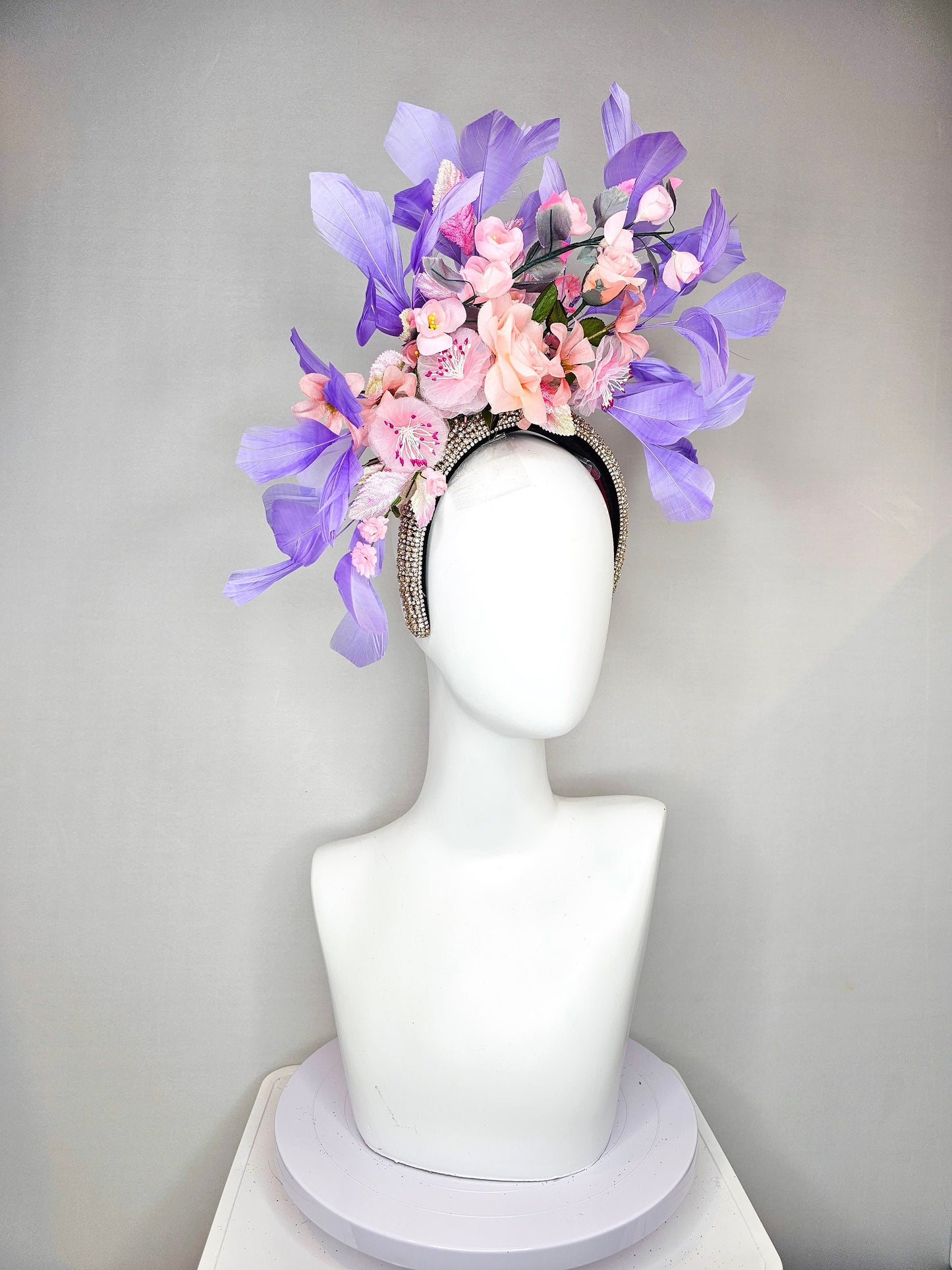 kentucky derby hat fascinator rhinestone crystal headband with light pink blush silkflowers and leaves lavender purple  feathers