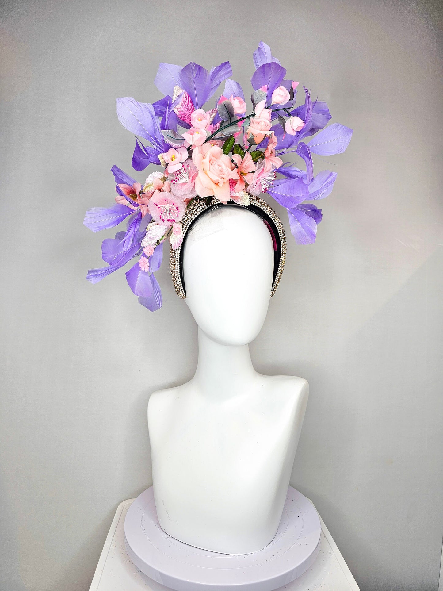 kentucky derby hat fascinator rhinestone crystal headband with light pink blush silkflowers and leaves lavender purple  feathers