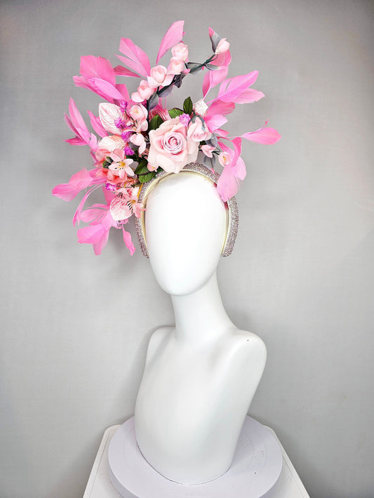 kentucky derby hat fascinator swarovski crystal rhinestone headband with pink silk flowers with pink feathers