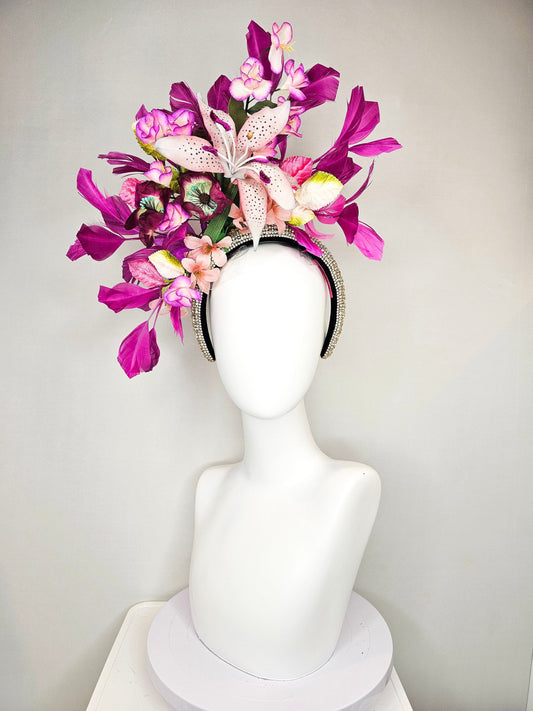 kentucky derby hat fascinator rhinestone crystal headband with light pink lavender purple silk flowers and leaves  purple  feathers