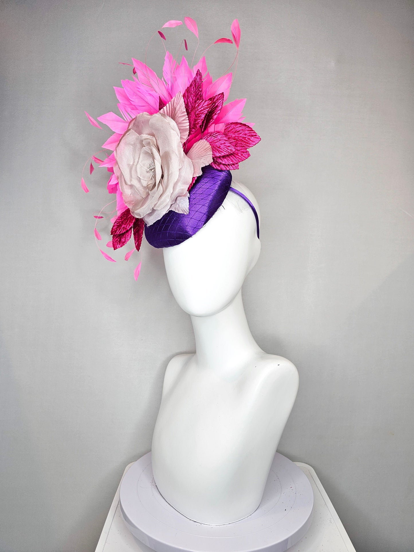 kentucky derby hat fascinator purple satin with large white taupe lavender satin flower pink  leaves fuchsia pink   feathers