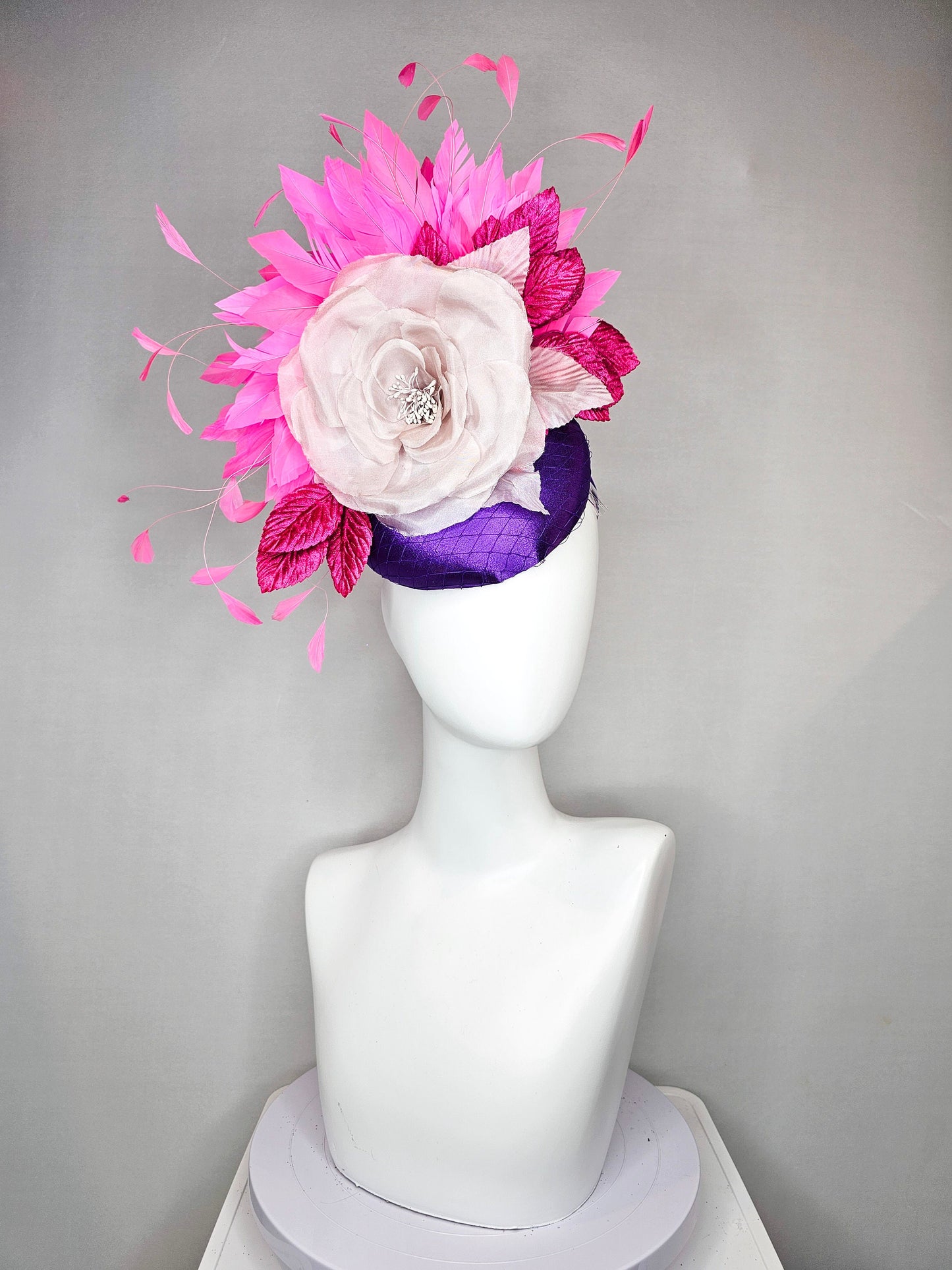 kentucky derby hat fascinator purple satin with large white taupe lavender satin flower pink  leaves fuchsia pink   feathers