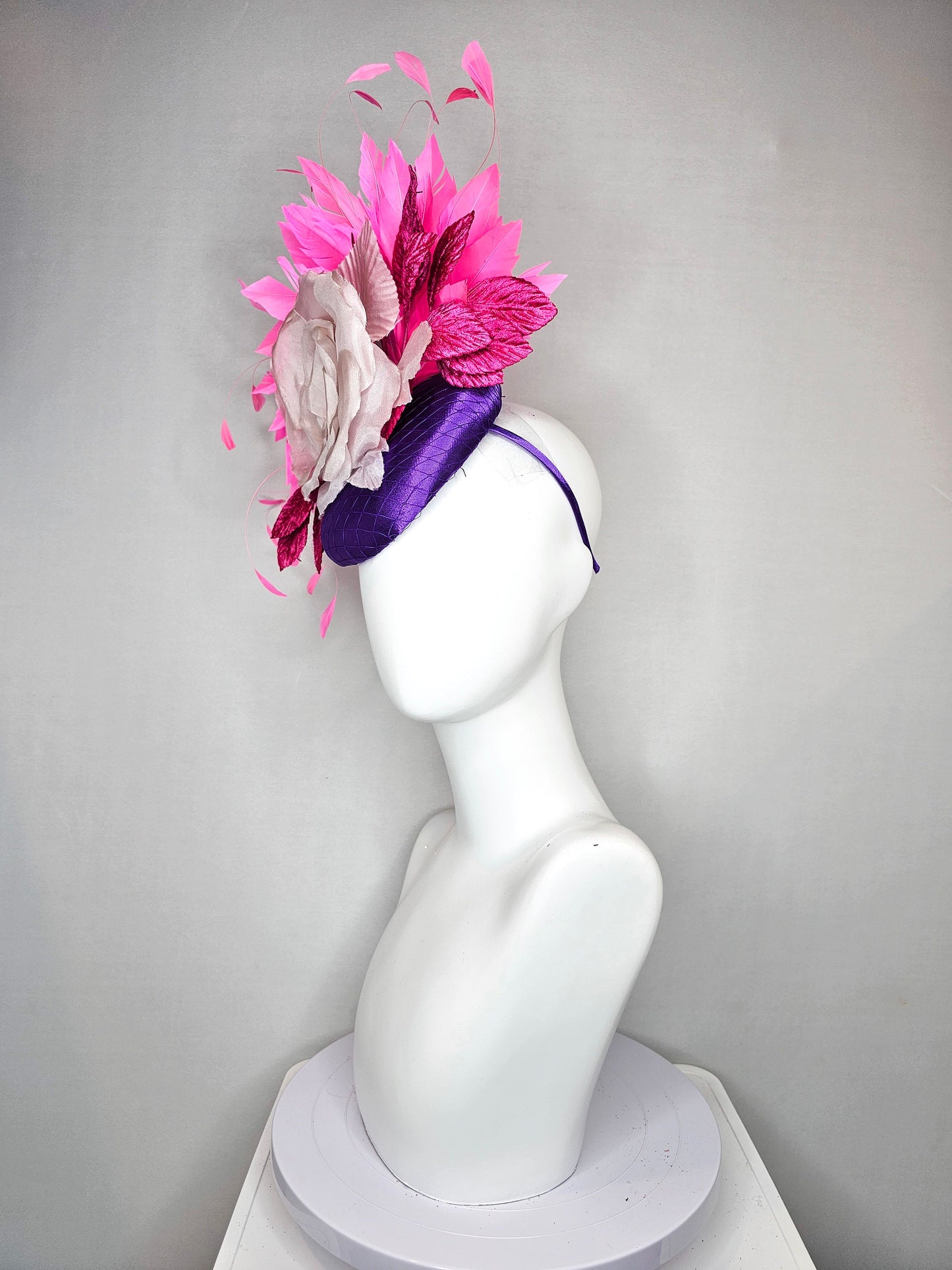 kentucky derby hat fascinator purple satin with large white taupe lavender satin flower pink  leaves fuchsia pink   feathers