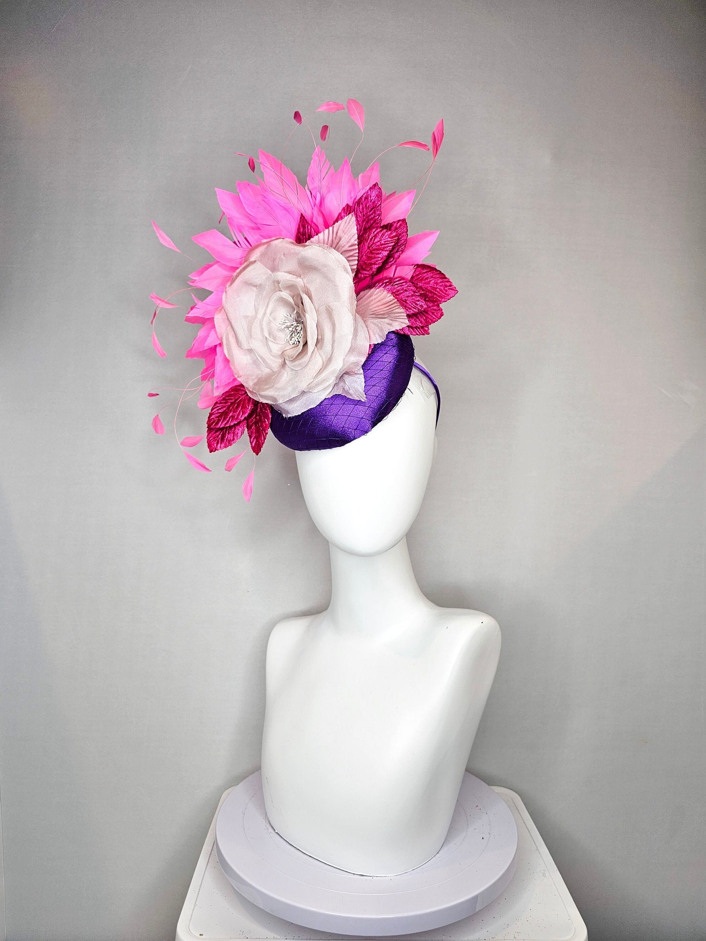 kentucky derby hat fascinator purple satin with large white taupe lavender satin flower pink  leaves fuchsia pink   feathers