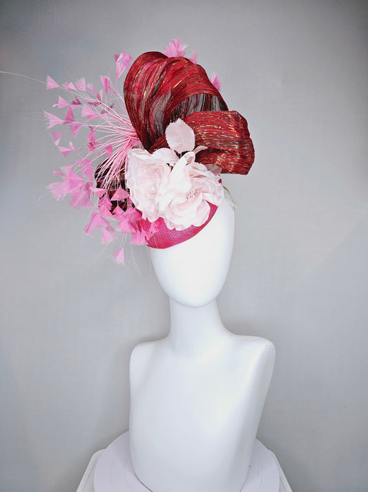 kentucky derby hat fascinator pink satin with blush ivory taupe silk flower and pink feathers and red maroon metallic silk