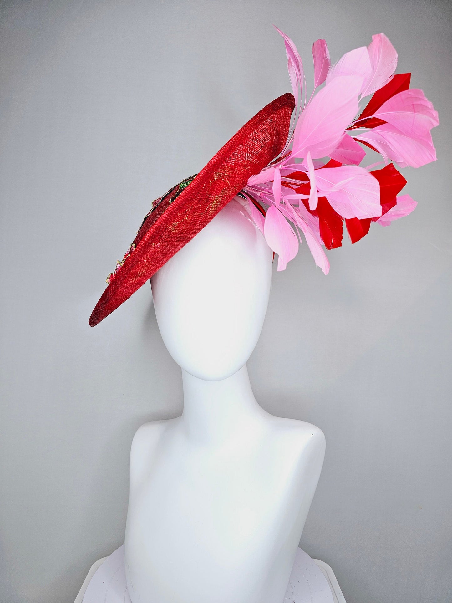 kentucky derby hat fascinator red sinamay saucer with red green gold  embroidered flowers pink and red feathers