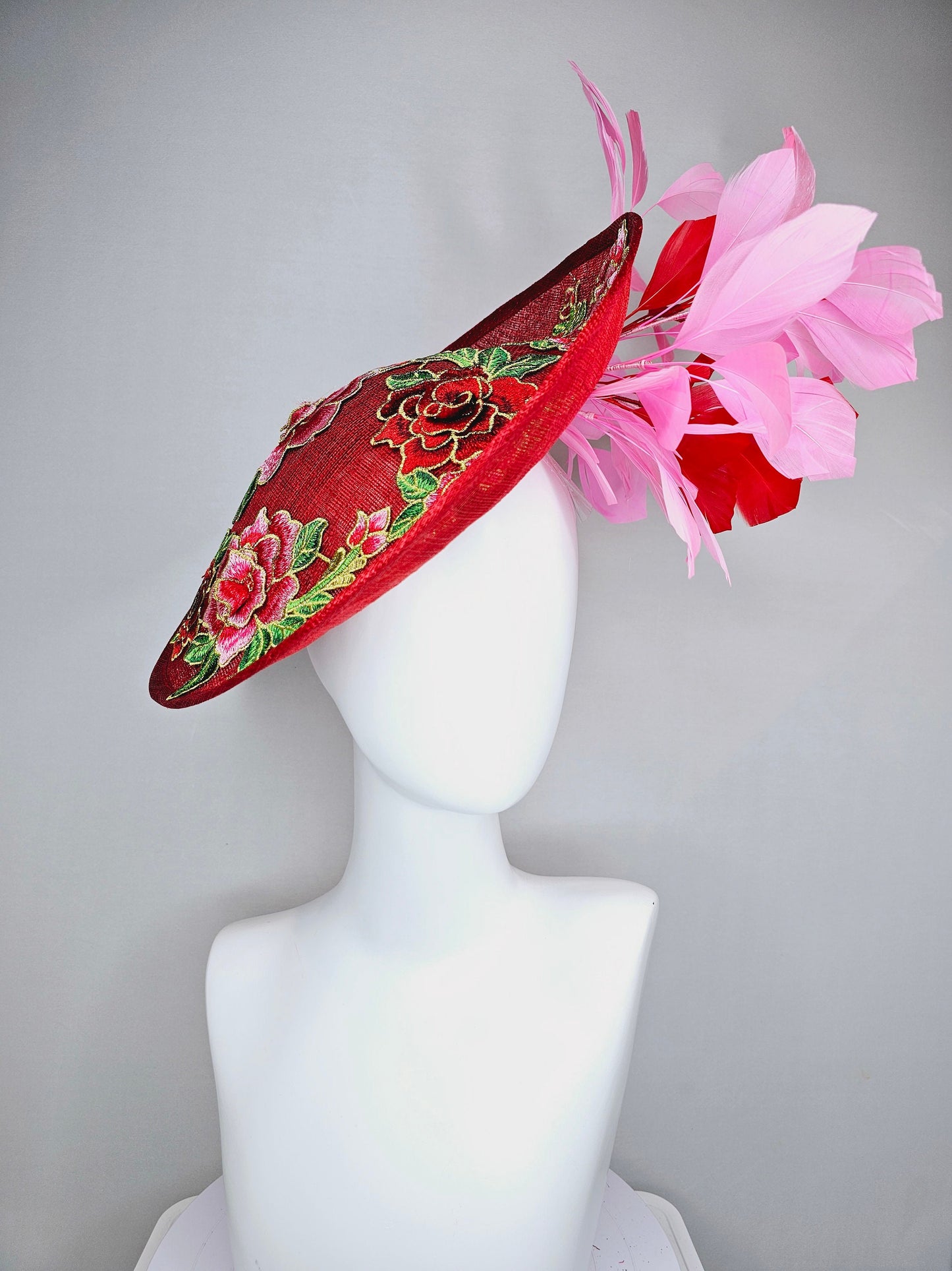 kentucky derby hat fascinator red sinamay saucer with red green gold  embroidered flowers pink and red feathers