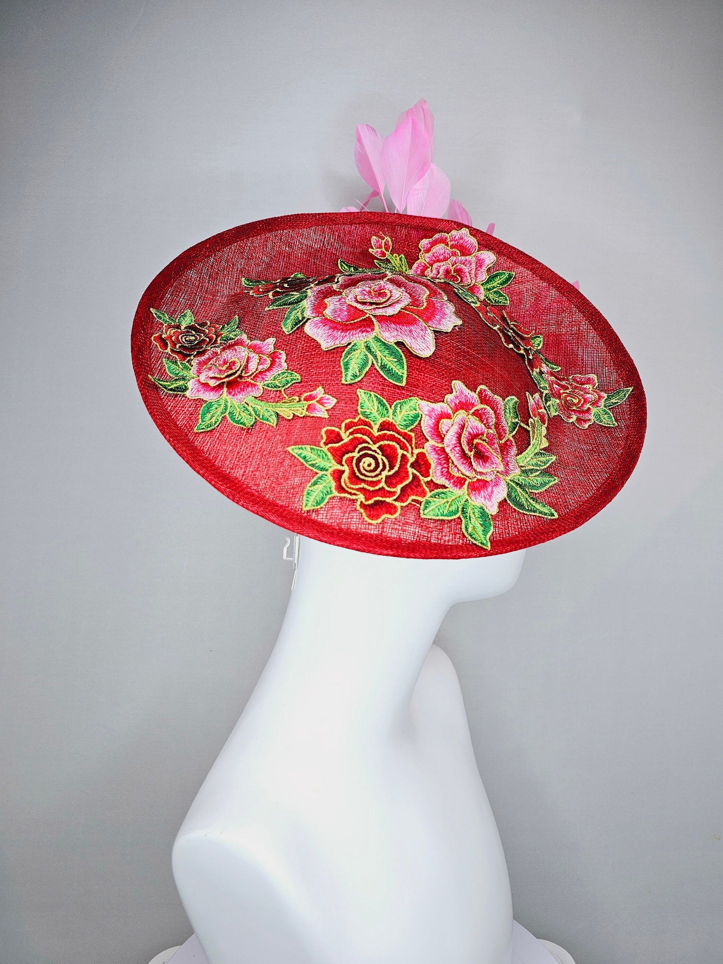 kentucky derby hat fascinator red sinamay saucer with red green gold  embroidered flowers pink and red feathers