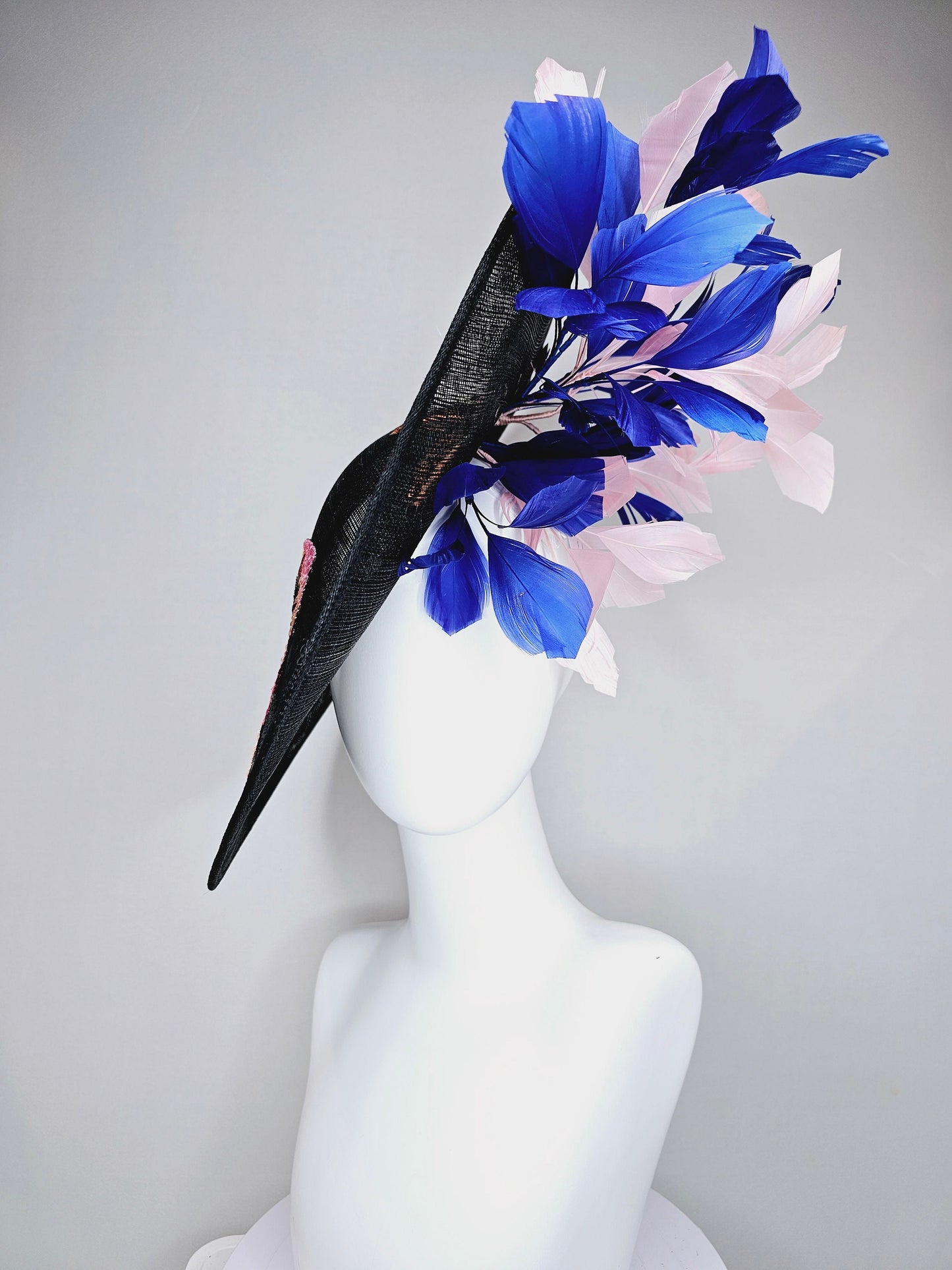 kentucky derby hat fascinator black sinamay saucer with yellow pink blue sequin embroidered  flowers and blush pink blue feathers