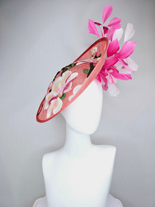 kentucky derby hat fascinator coral sinamay saucer with white ivory pink yellow embroidered flowers pink and white   feathers