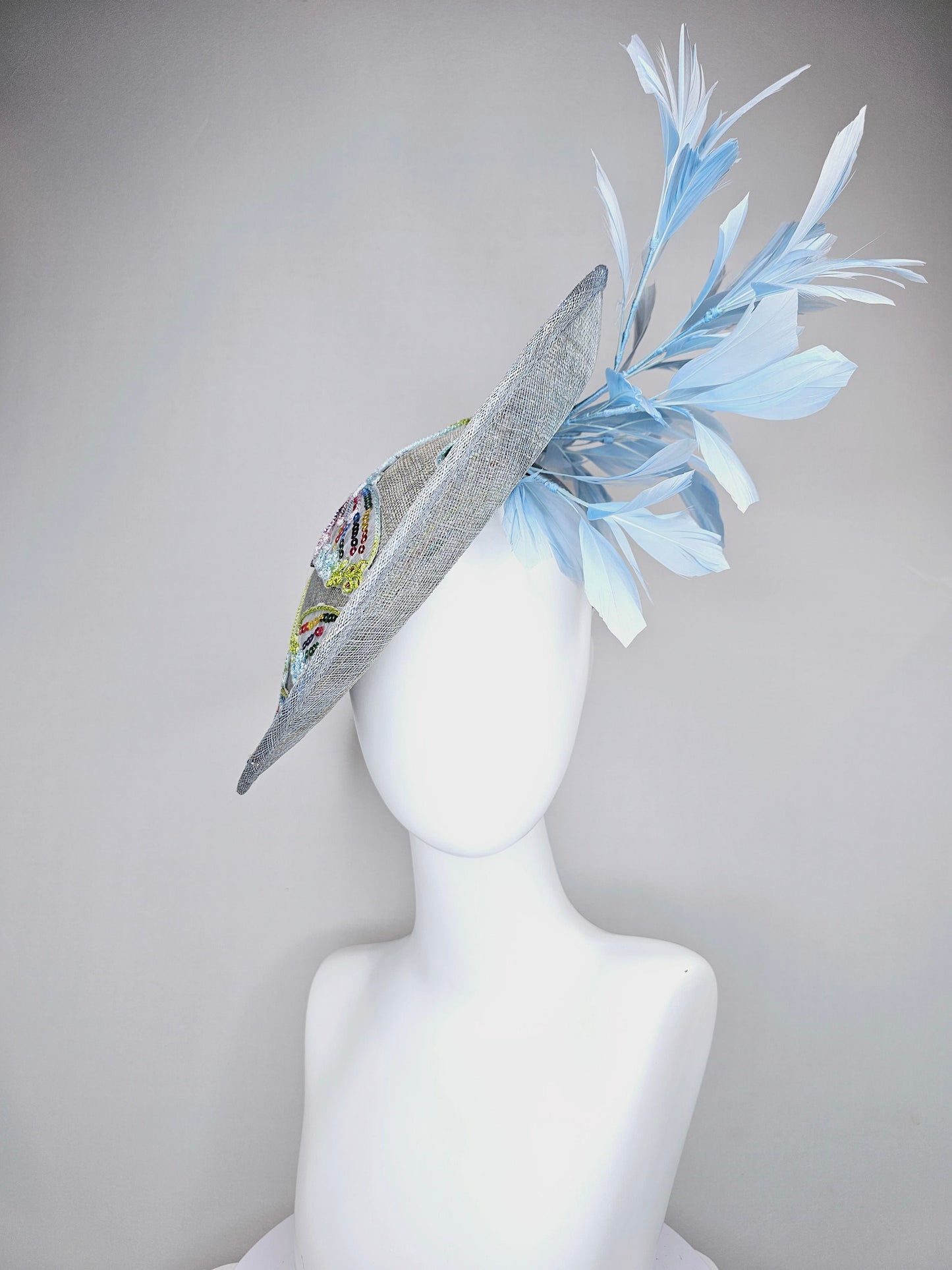 kentucky derby hat fascinator light blue sinamay saucer light blue feathers sequin embroidered rainbow butterflies