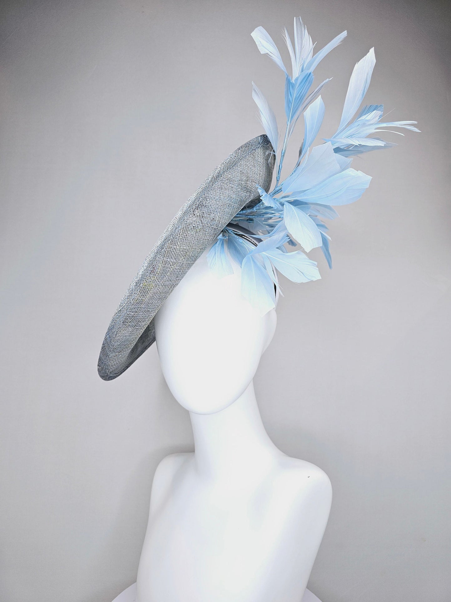 kentucky derby hat fascinator light blue sinamay saucer light blue feathers sequin embroidered rainbow butterflies