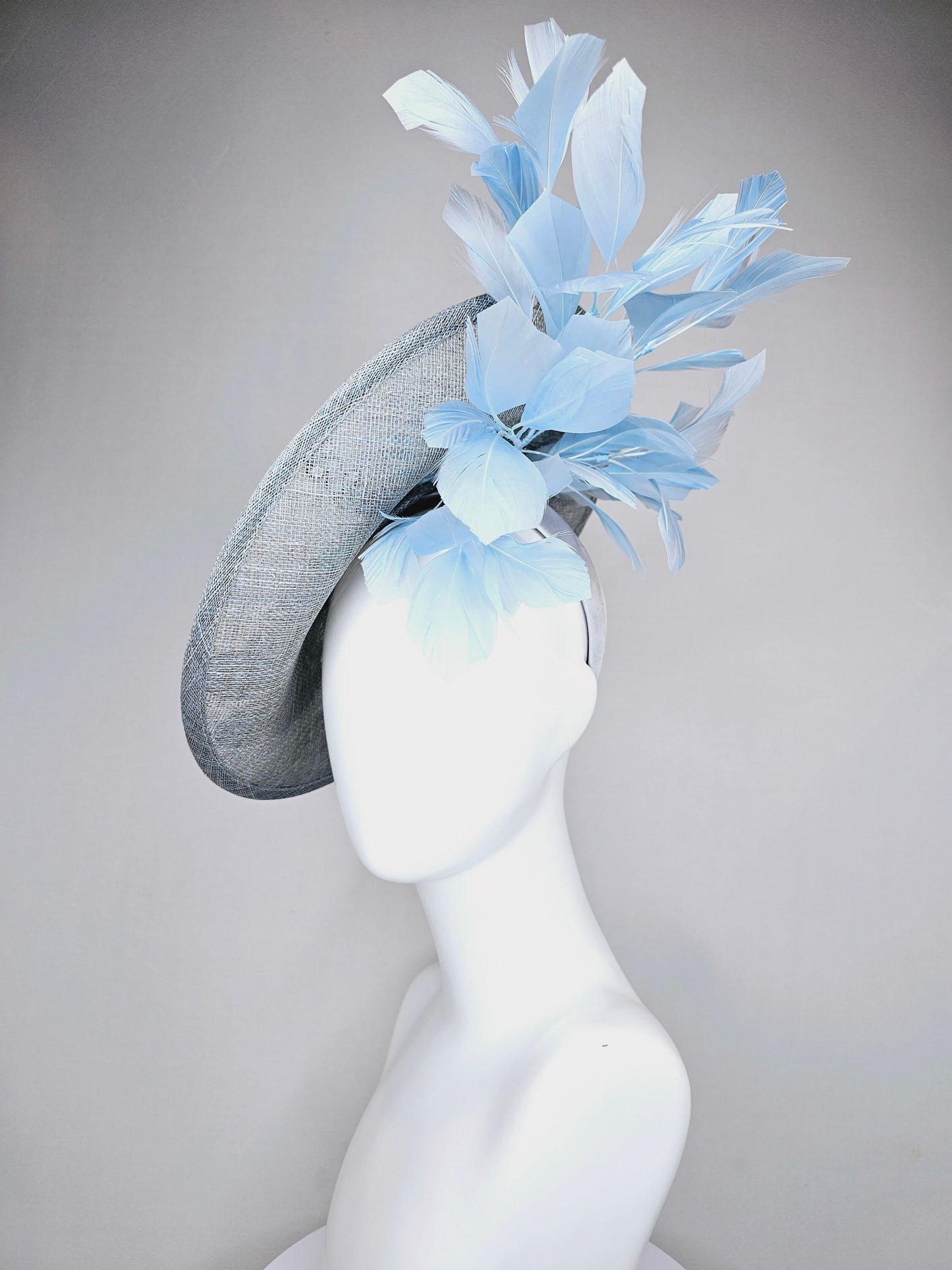 kentucky derby hat fascinator light blue sinamay saucer light blue feathers sequin embroidered rainbow butterflies