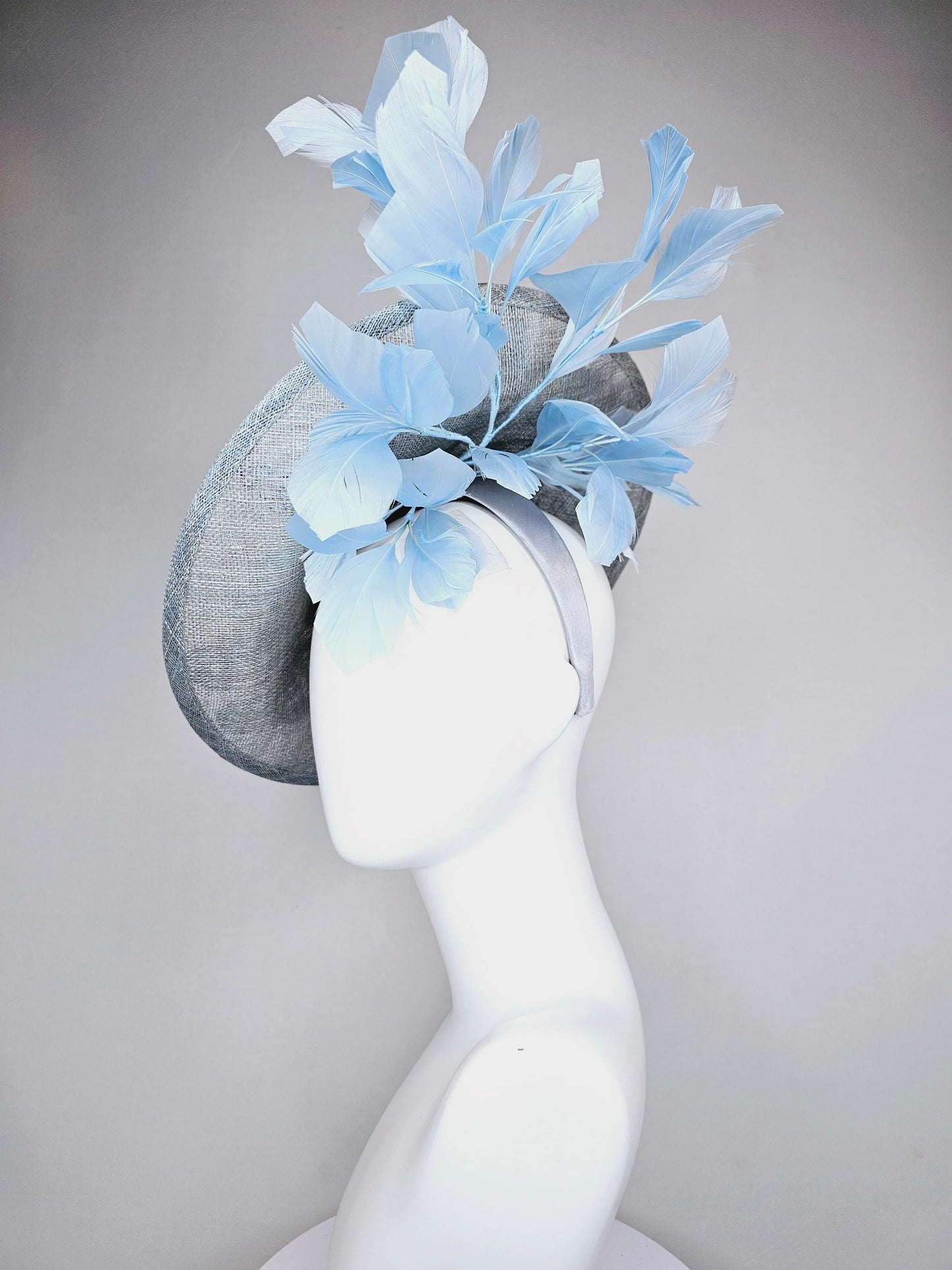 kentucky derby hat fascinator light blue sinamay saucer light blue feathers sequin embroidered rainbow butterflies