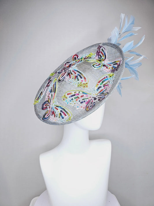 kentucky derby hat fascinator light blue sinamay saucer light blue feathers sequin embroidered rainbow butterflies