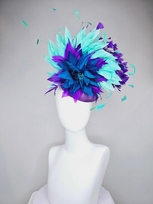 kentucky derby hat fascinator purple sinamay with feather flower and feathers green feathers and silk deep blue flower