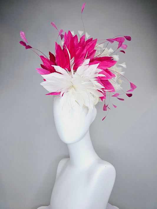 kentucky derby hat fascinator bright pink fuchsias with white sinamay and white feather flower with white feathers