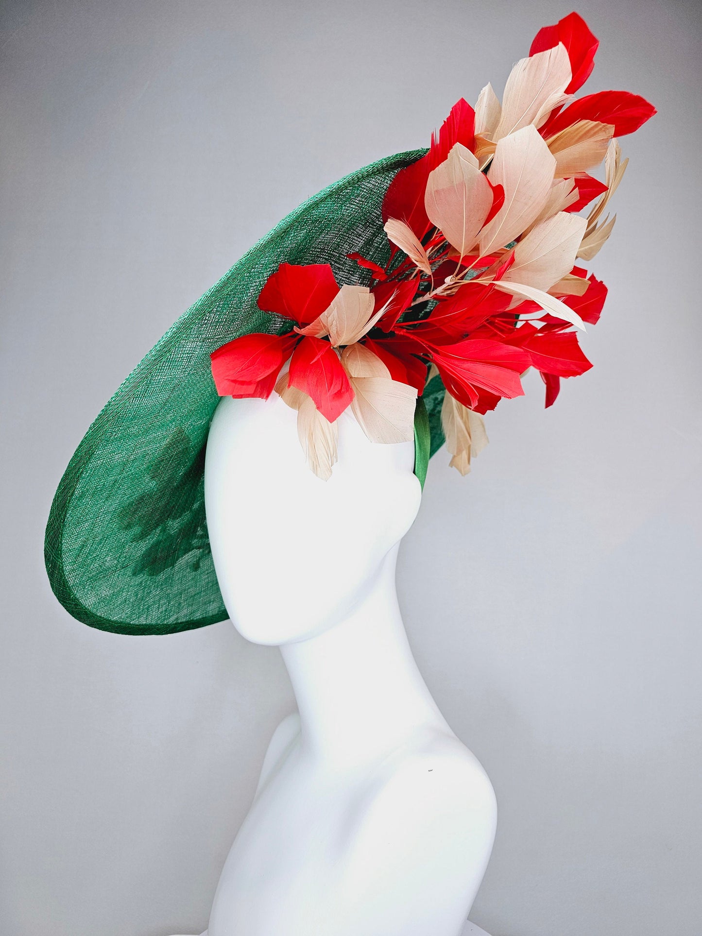 kentucky derby hat fascinator green sinamay saucer with embroidered gold red brown ivory flowers and red and gold  feathers