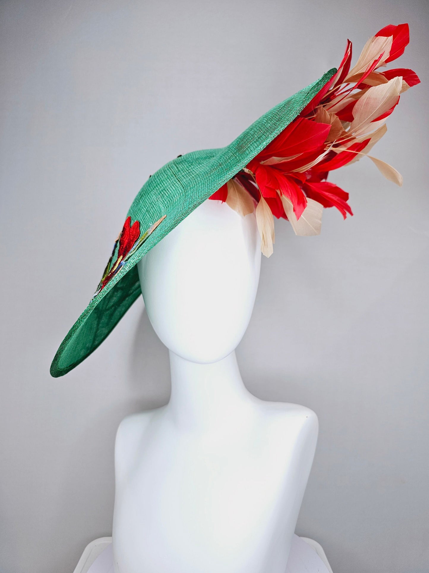 kentucky derby hat fascinator green sinamay saucer with embroidered gold red brown ivory flowers and red and gold  feathers