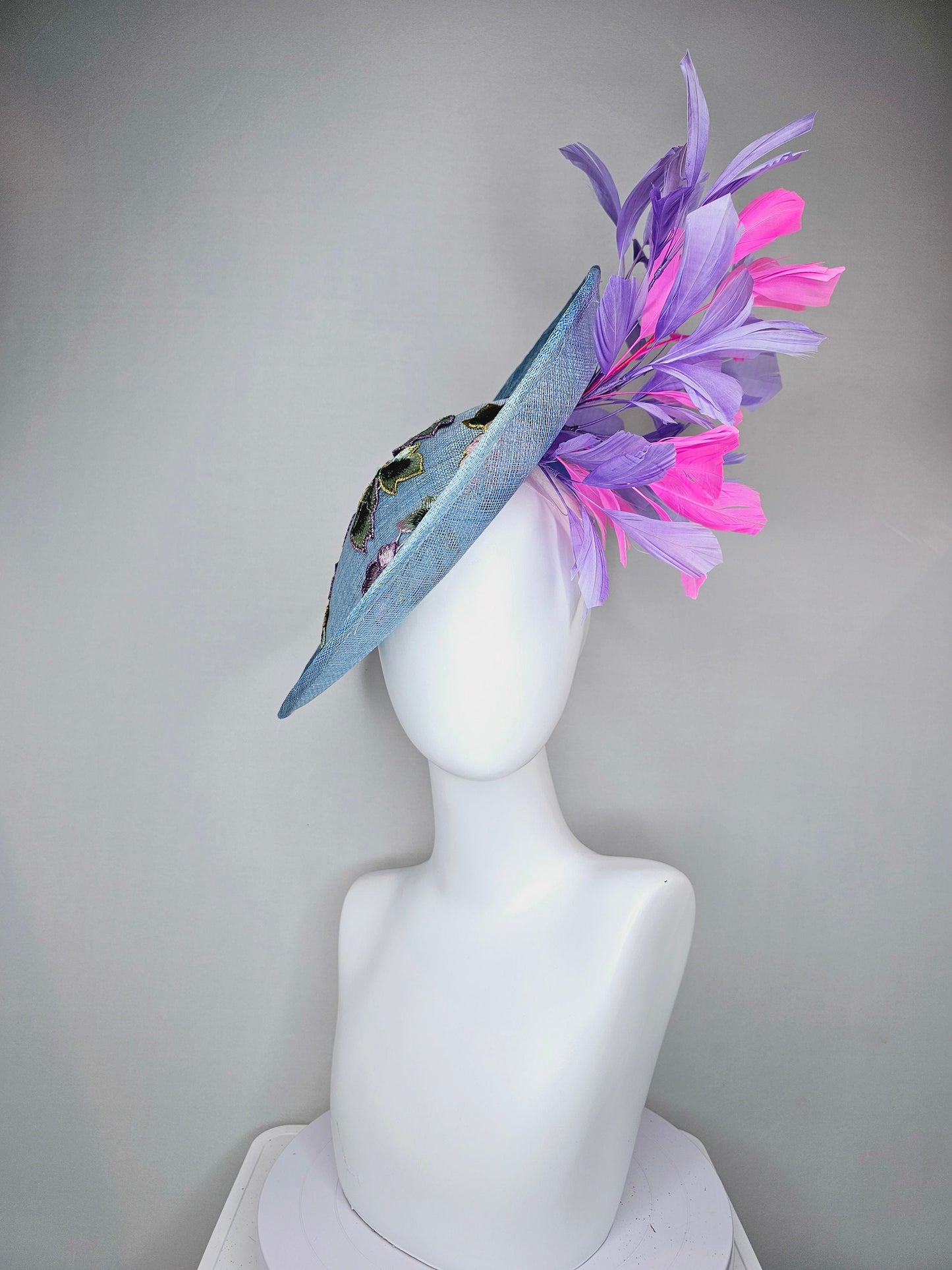 kentucky derby hat fascinator light blue sinamay saucer with embroidered gold pink lavender purple flowers and pink and purple  feathers